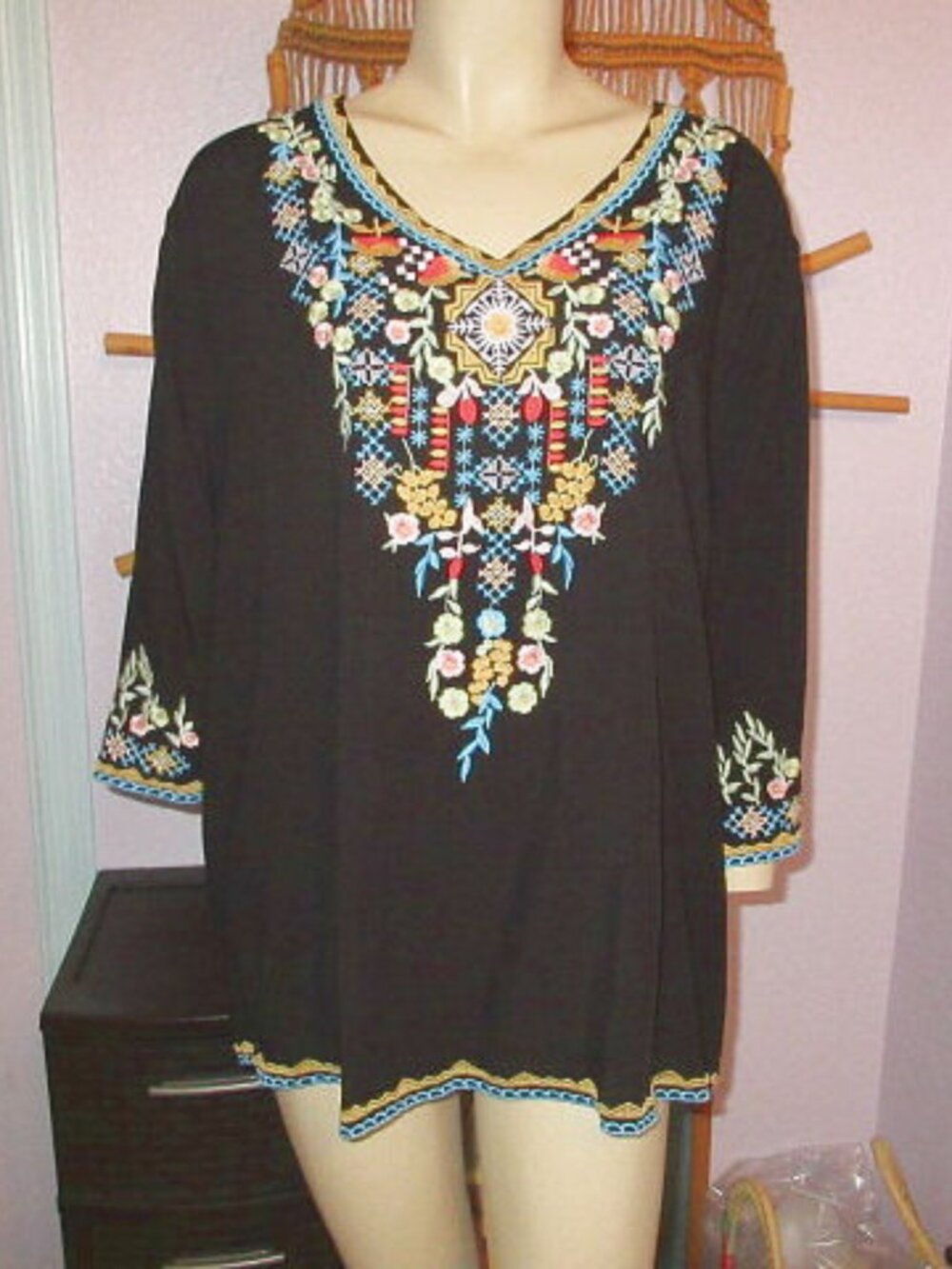 Embroidered Boho Blouse Top Size 3X Bell Sleeves Aztec Floral Whimsigoth Artsy